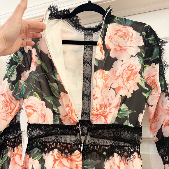 Floral Lace asymmetrical trim Silk Dress sz Small Pink Black - Picture 9 of 12